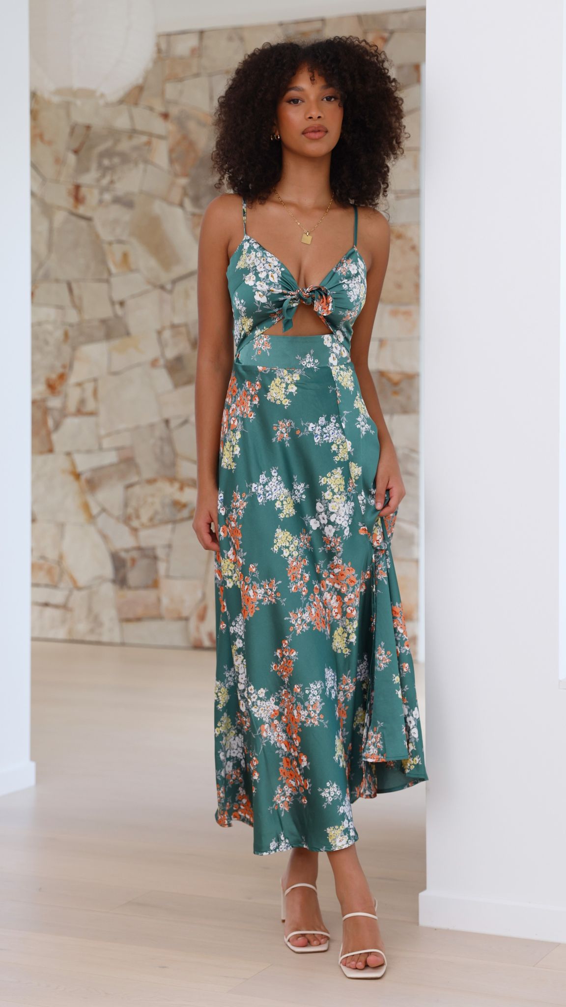 Floral Deep V-Neck Spaghetti Strap Tie Front High Split Midi Dress 30