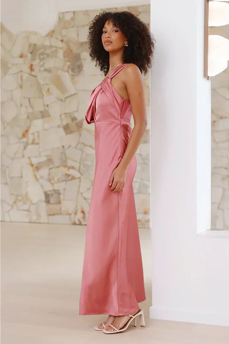 Satin One Shoulder Bias Cut Slip Column Maxi Dress - View 6