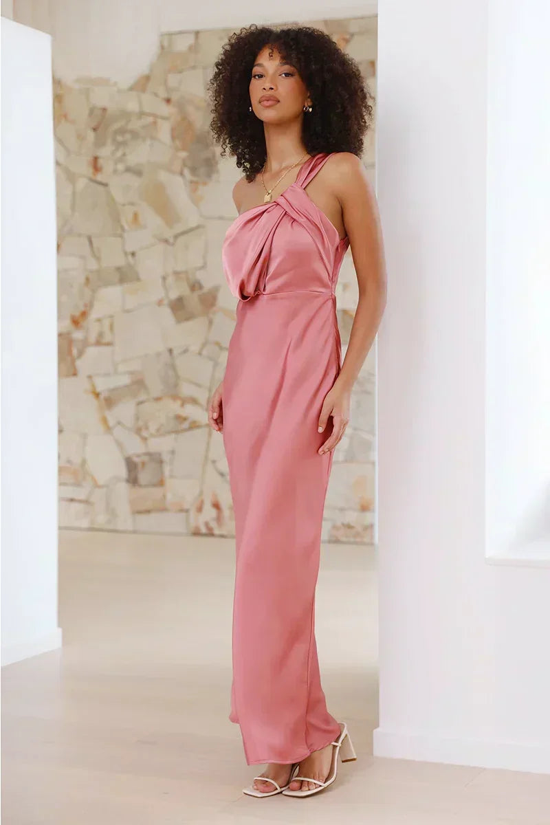 Satin One Shoulder Bias Cut Slip Column Maxi Dress - View 5