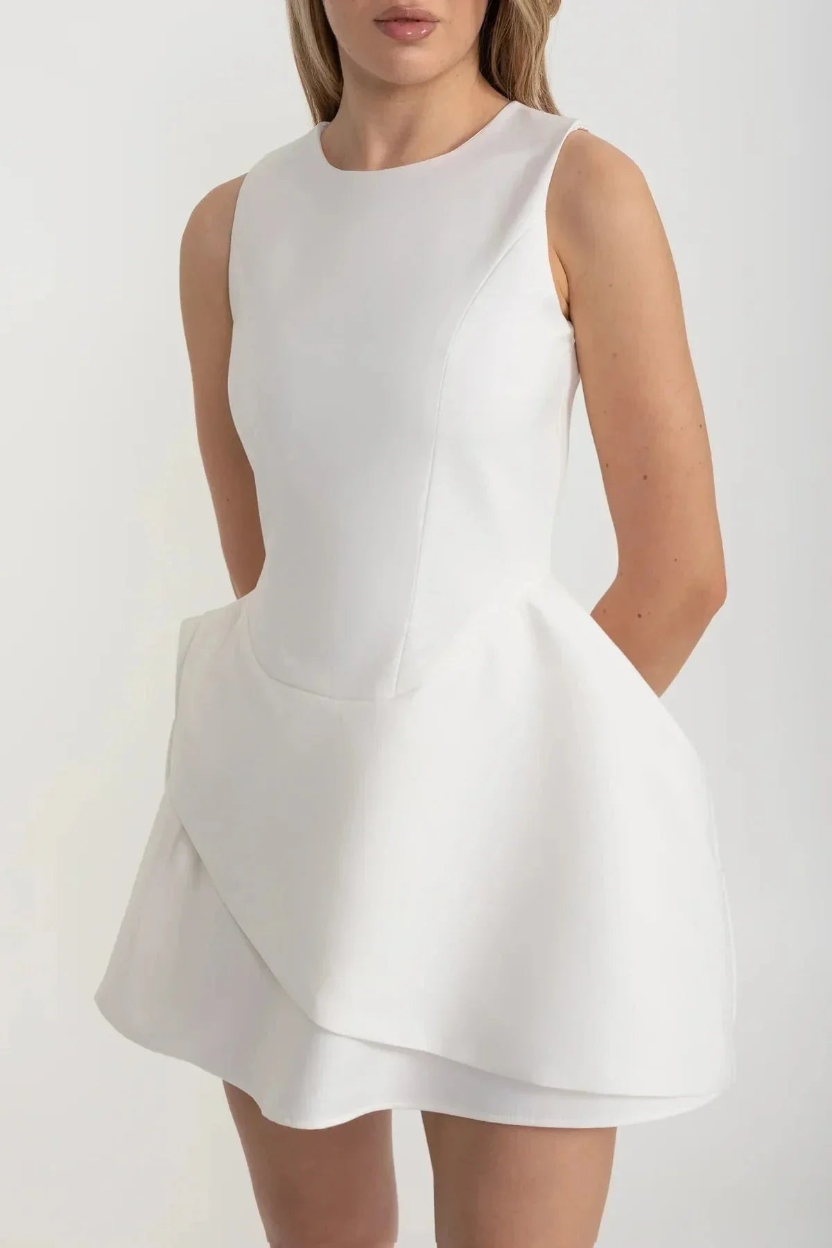 Sleeveless Round Neck Princess Seam Asymmetrical Wrap Mini Dress - View 2