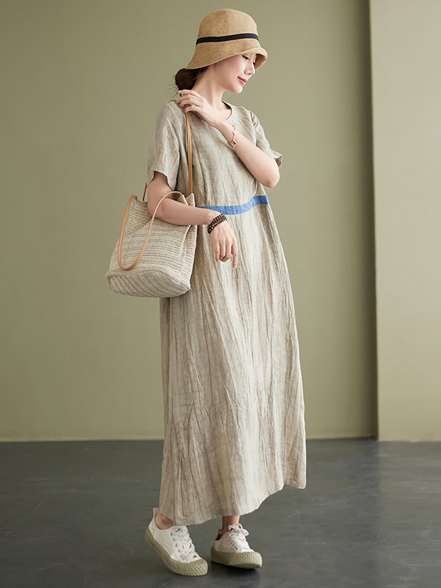 Textured Round Neck Short Sleeve Loose A-Line Maxi Dress - View 4