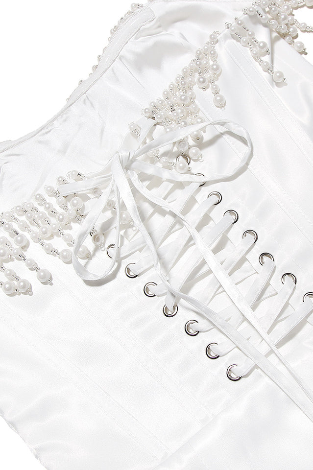 Pearl Fringe Strapless Corset Boned Bodycon Midi Dress - View 12