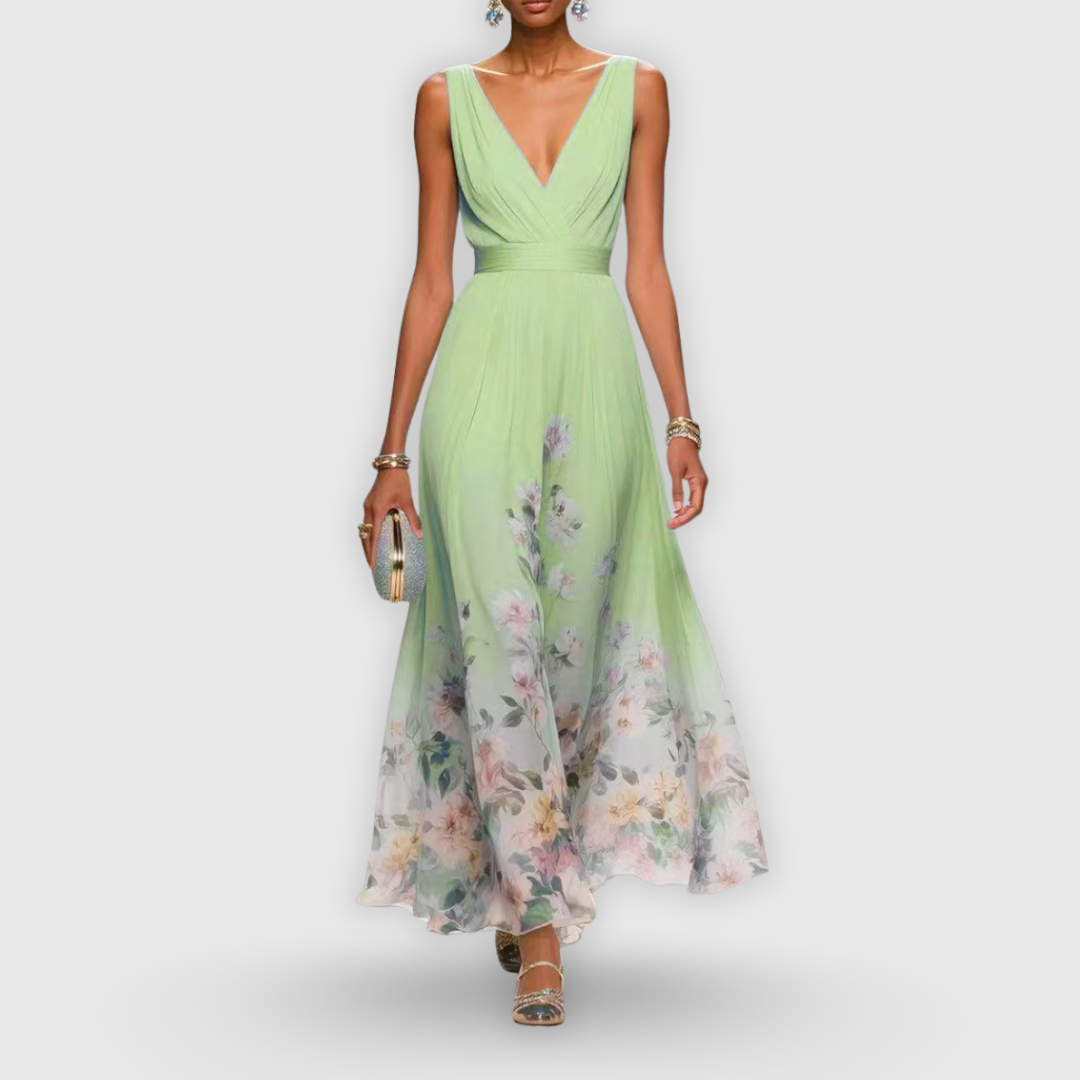 V-Neck Sleeveless Floral Pleated Chiffon Maxi Gown 4