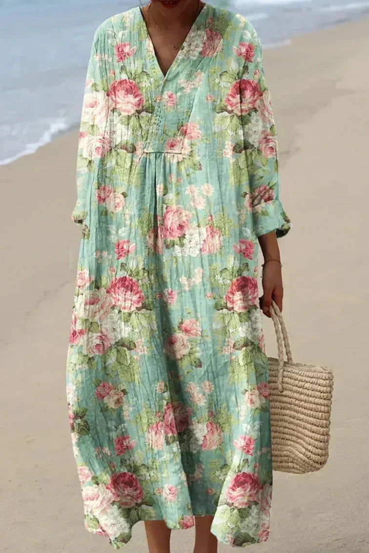 Rose Floral V-Neck Long Sleeve Pintuck Maxi Dress