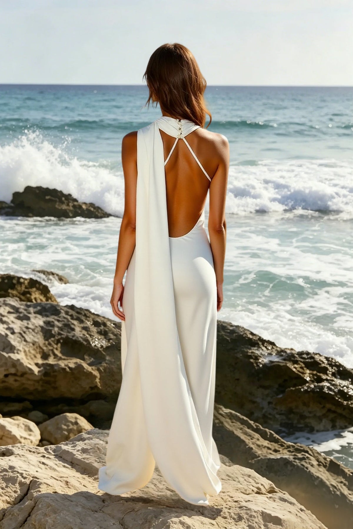 Halter Neck Draped Cape Backless Column Maxi Gown - View 9