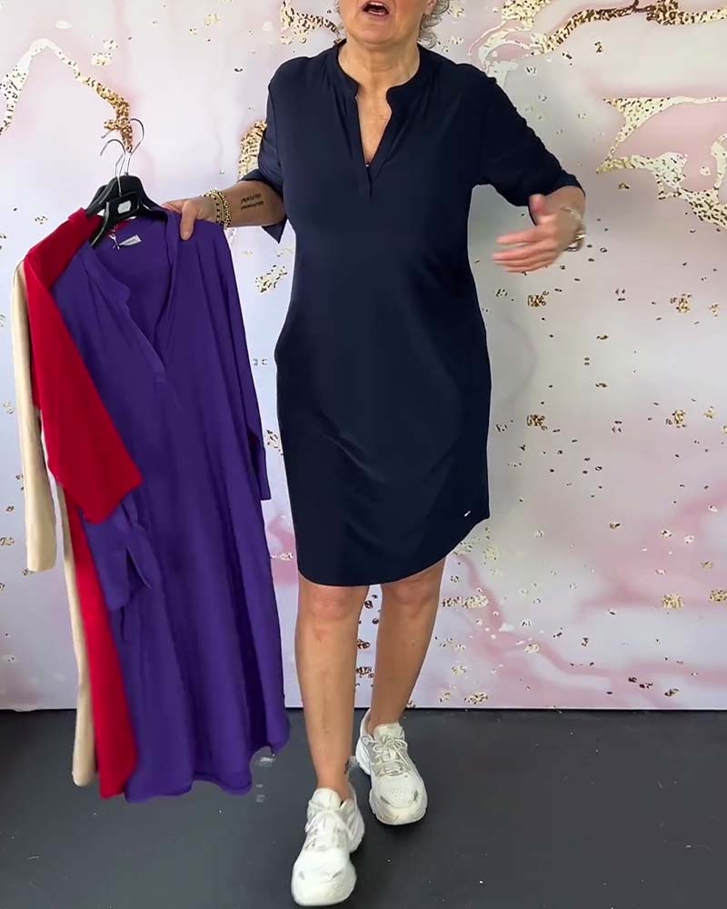 Split Neck Mandarin Collar Elbow Sleeve Pocket Shift Midi Dress - View 5