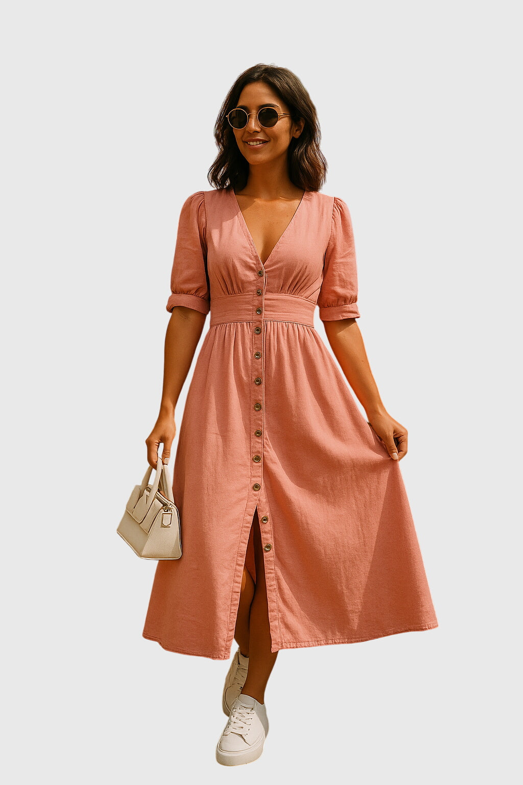 V-Neck Tie Sleeve Button Front Denim Midi Dress 3