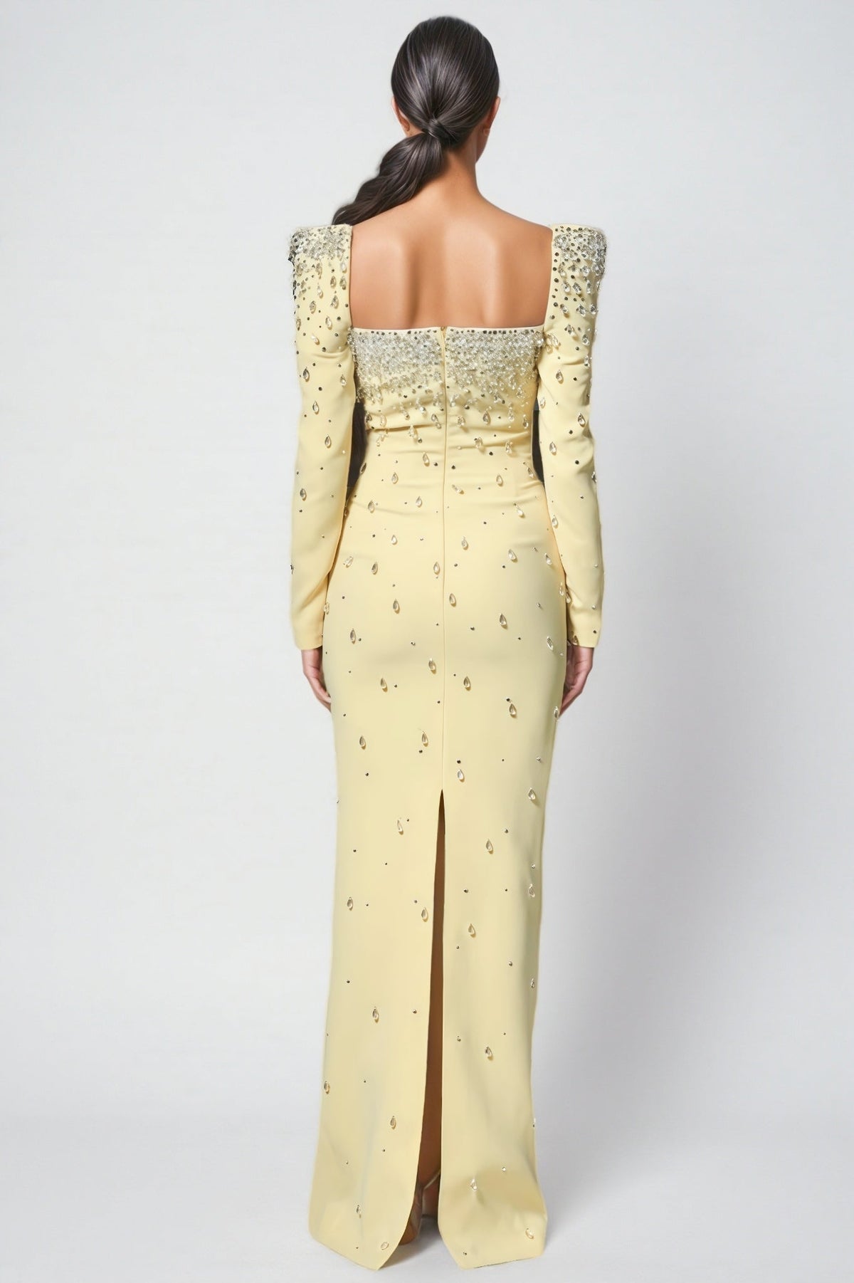 Crystal Embellished Structured Shoulder Square Neck Maxi Gown - View 2