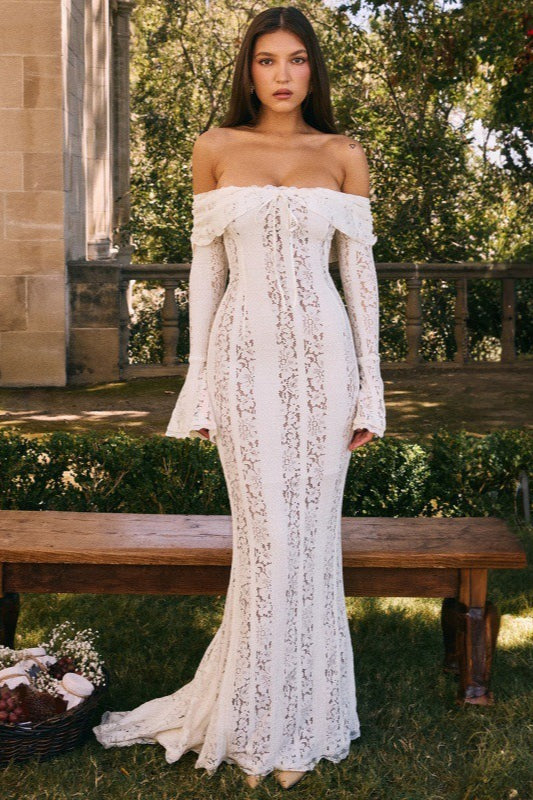 Lace Bustier Bell Sleeve Maxi Dress