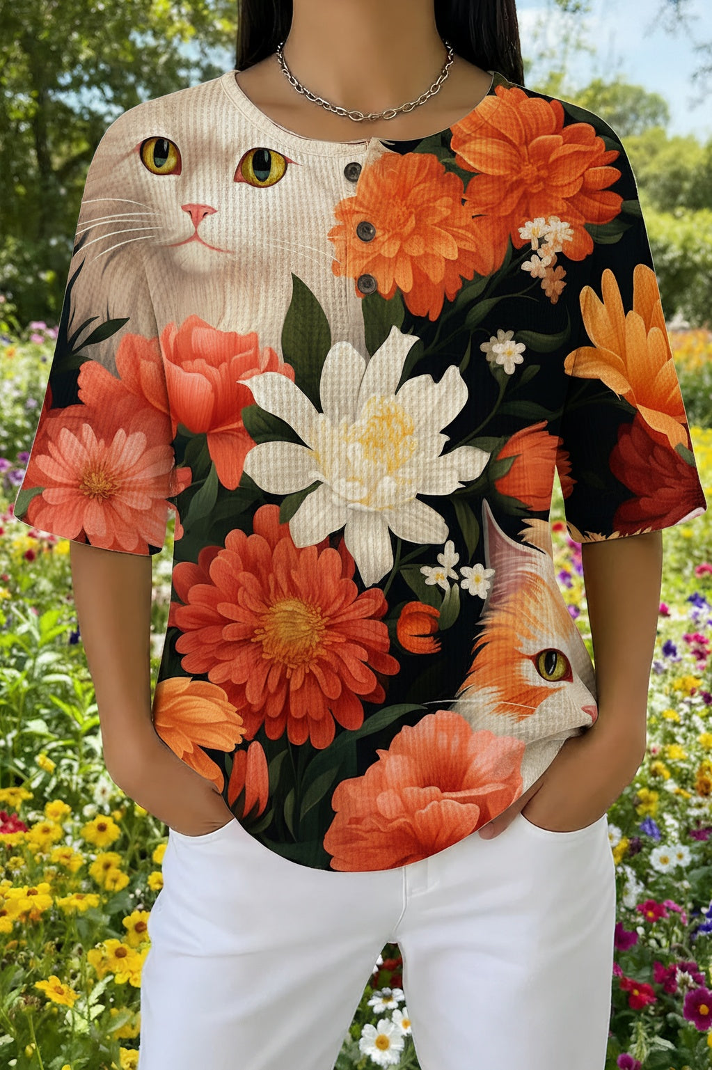Cat and Floral Print Button Henley Short Sleeve Waffle Top