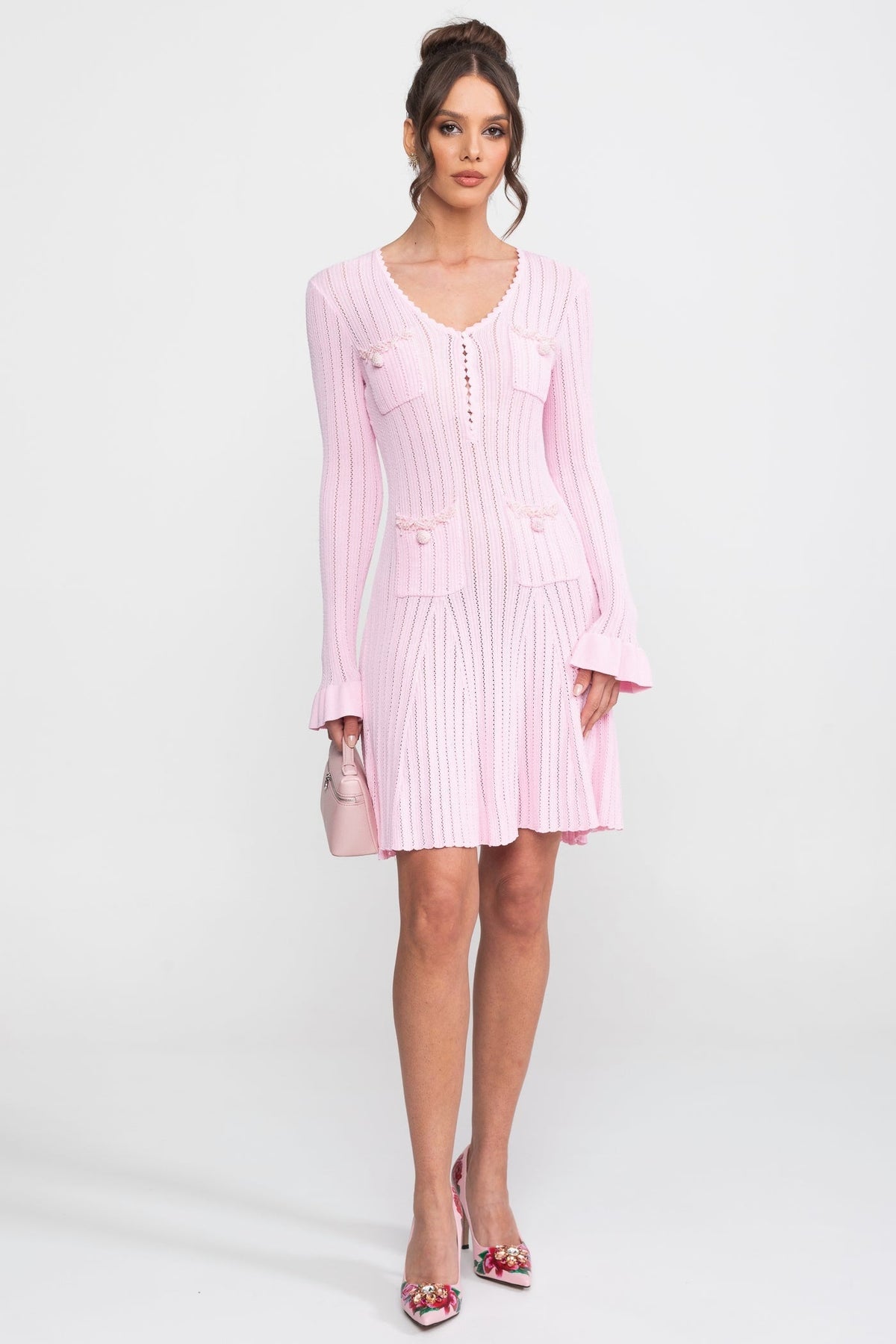 Open-Knit Mini Dress With Scallop Neck And Ruffle Cuffs - Pink - View 5
