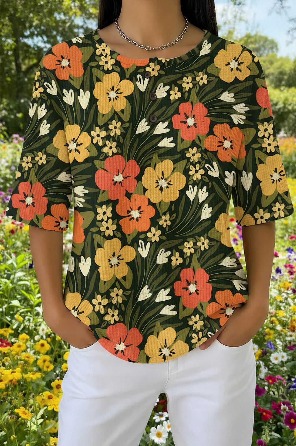 Floral Print Waffle Knit Henley Short Sleeve Top