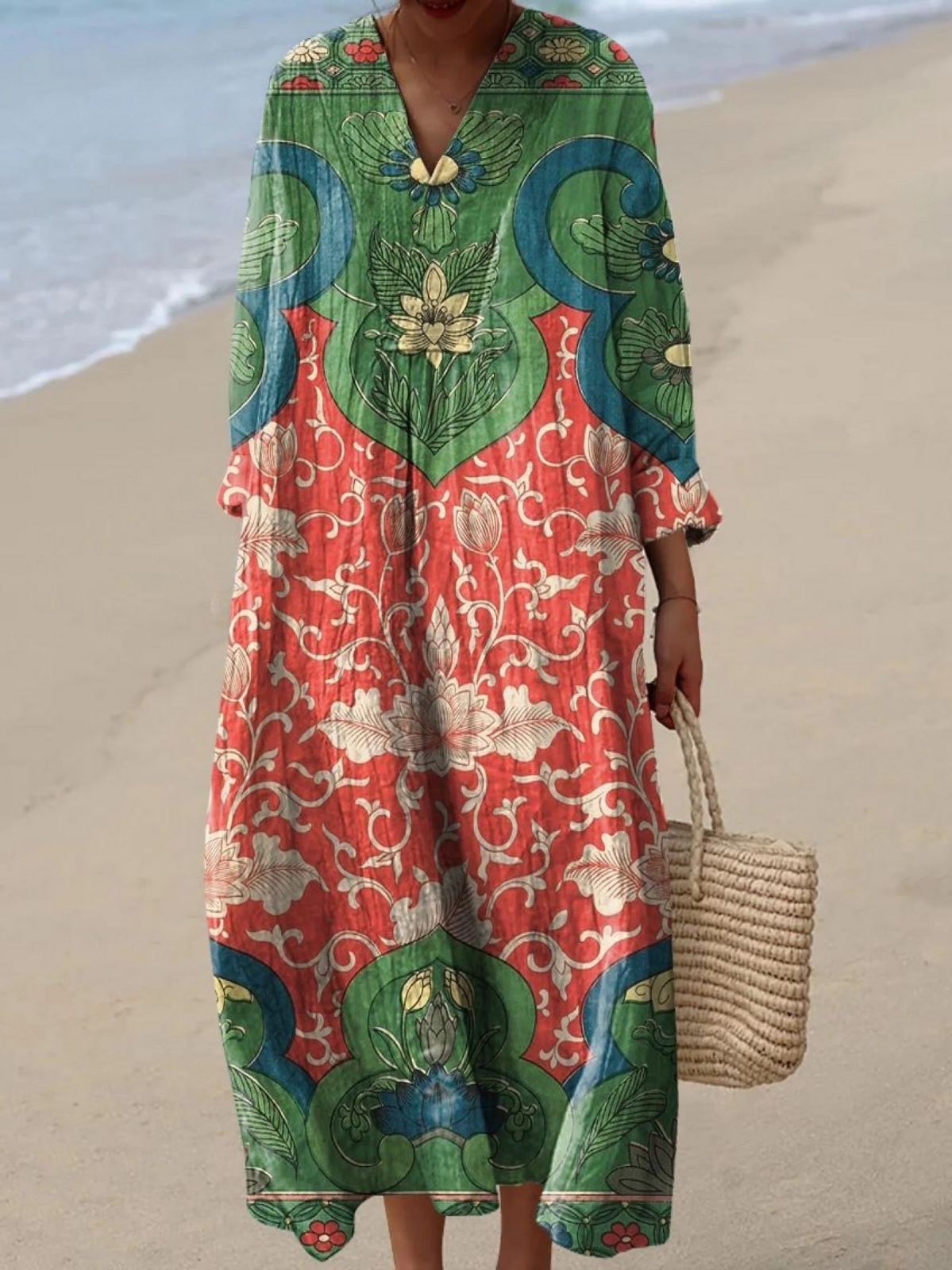 Ethnic Floral Print V-Neck Long Sleeve Kaftan Maxi Dress