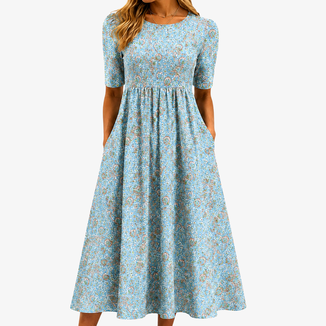 Ditsy Floral Round Neck Short Sleeve Fit and Flare Midi Dress