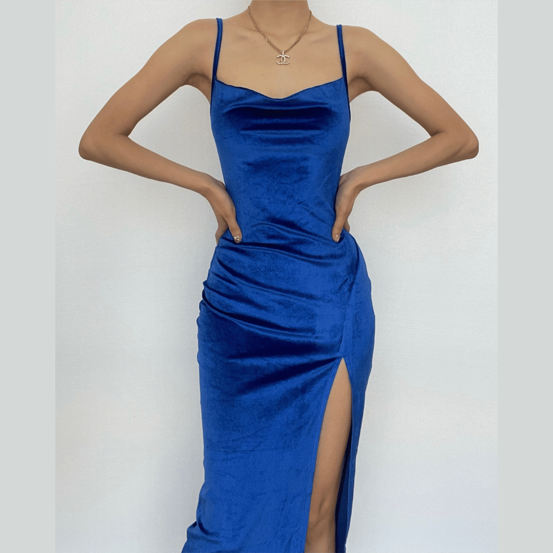 Sleeveless velvet slit cowl neck backless cami midi dress - View 2