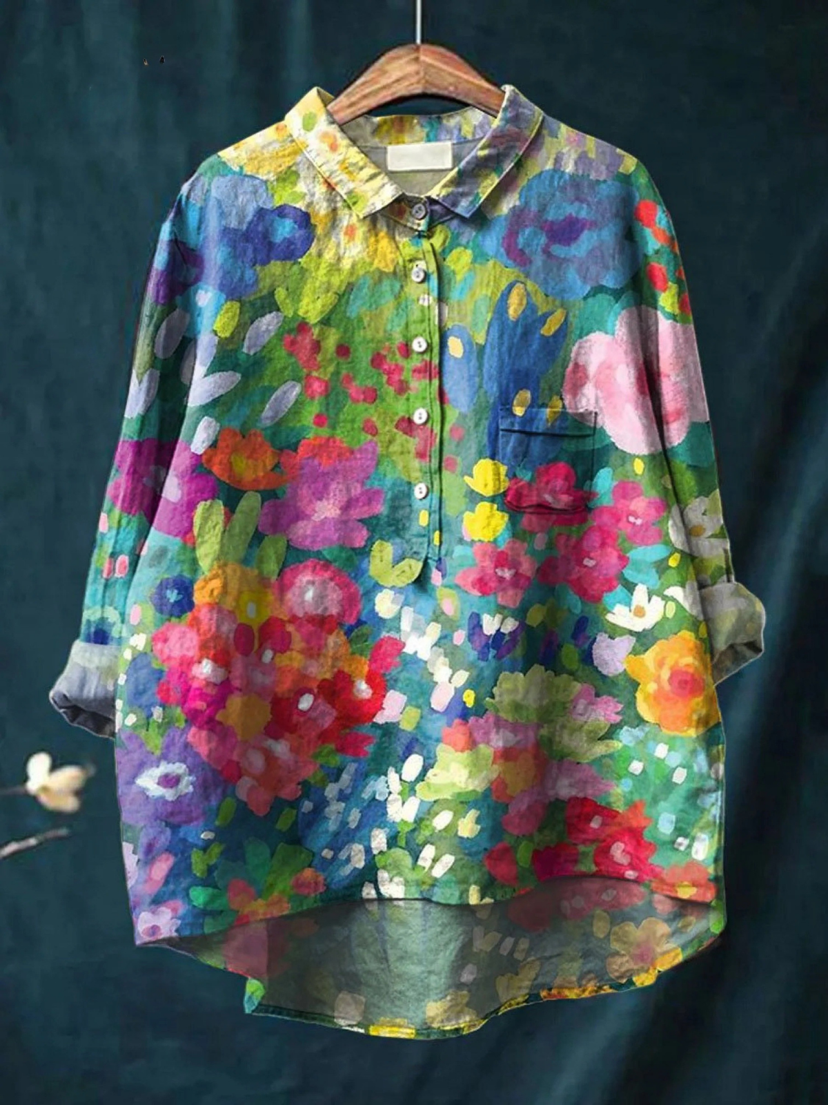 Floral Art Print Collared Button Front Shirt
