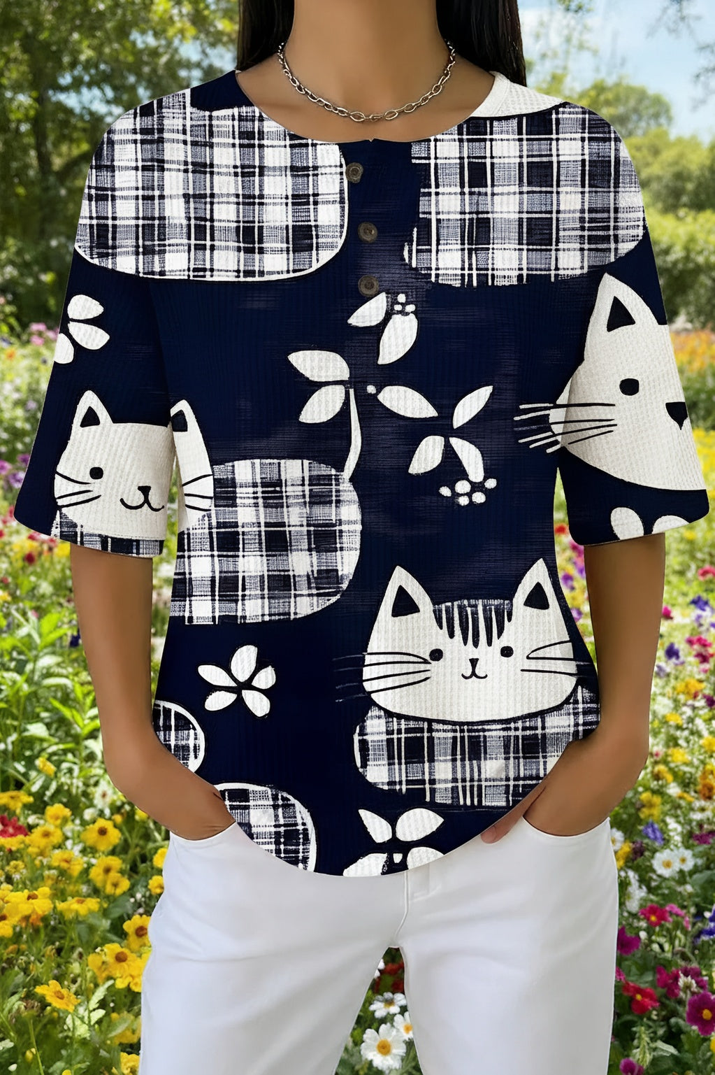 Plaid Cat Print Short Sleeve Henley Top
