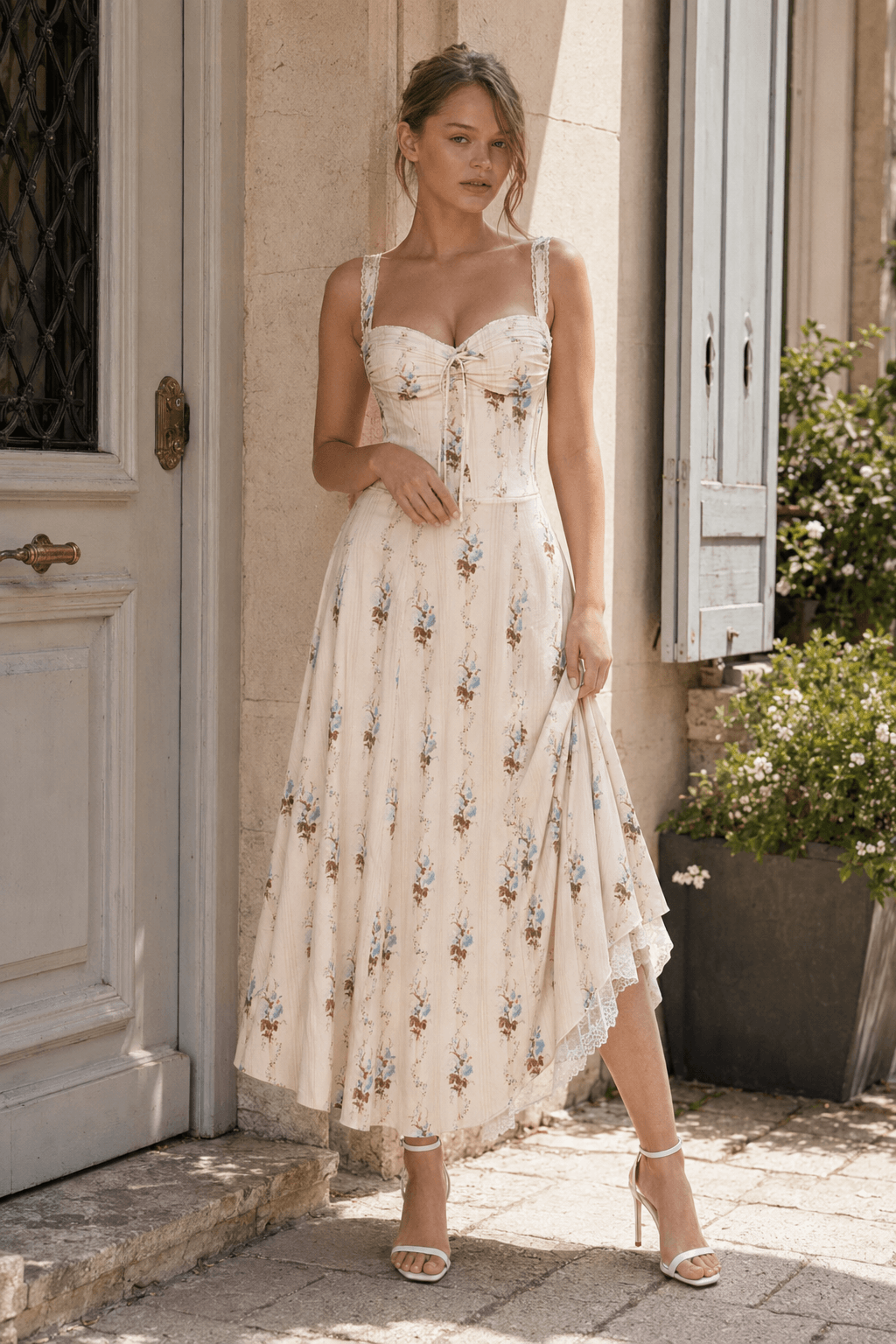Floral Sweetheart Tie Front Corset Lace Hem Midi Dress 4