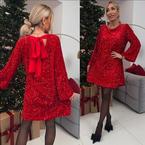 Sequin Long Bell Sleeve Satin Bow Back Keyhole Shift Mini Dress - View 4