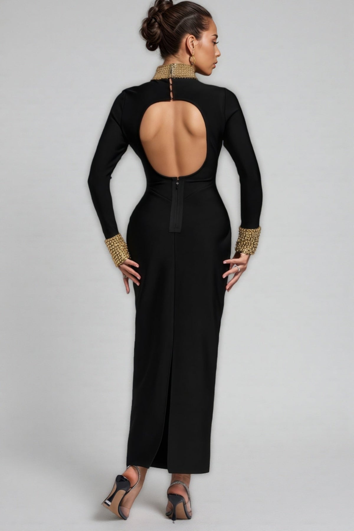Beaded Mock Neck Long Sleeve Bodycon Bandage Maxi Gown - View 5