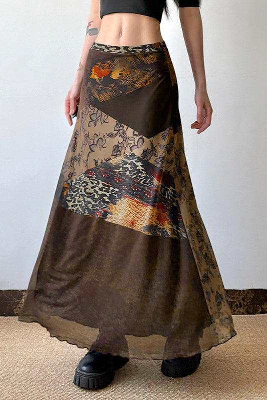 Abstract Print Contrast Waist Sheer Skirt