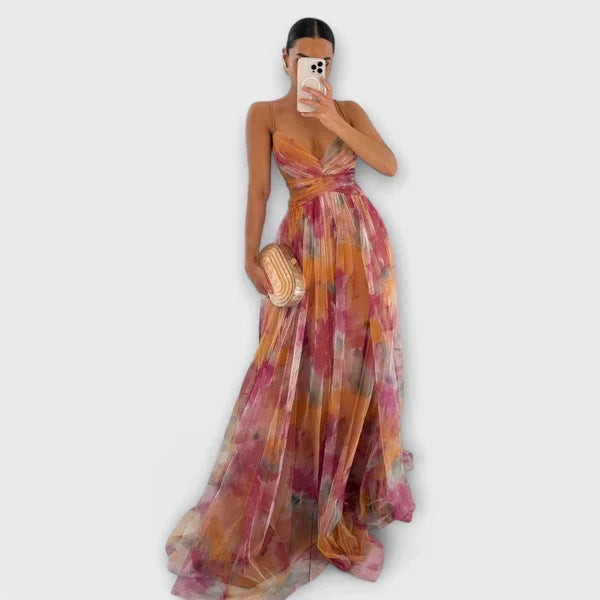 Floral Print Sweetheart Neck Strappy Tulle A-Line Maxi Gown