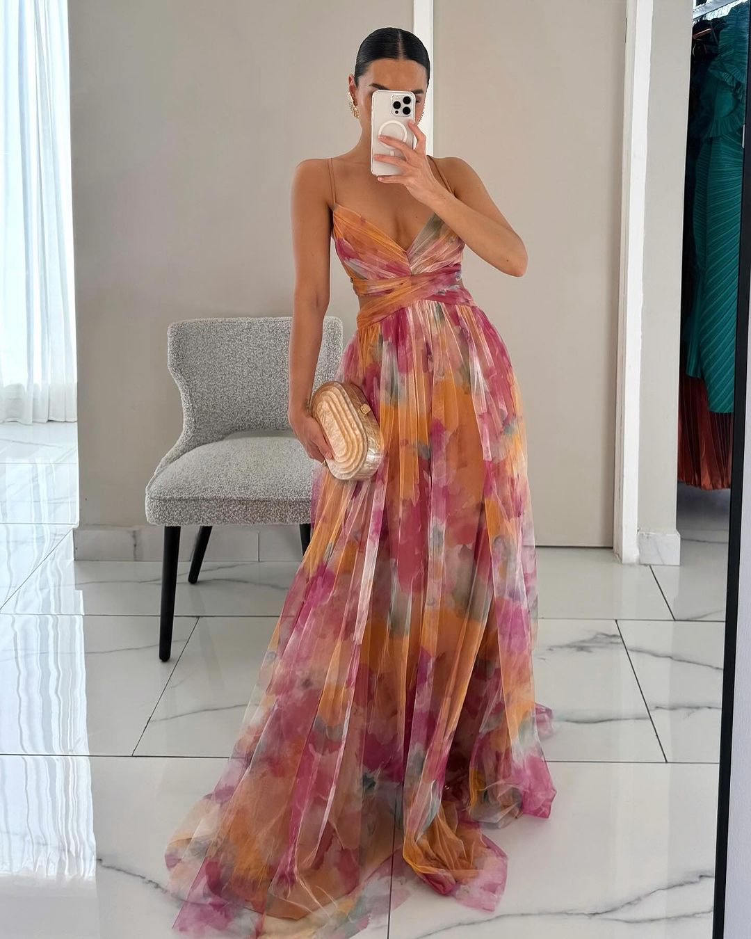 Watercolor Floral Print V-Neck Spaghetti Strap Flowy Maxi Dress 3