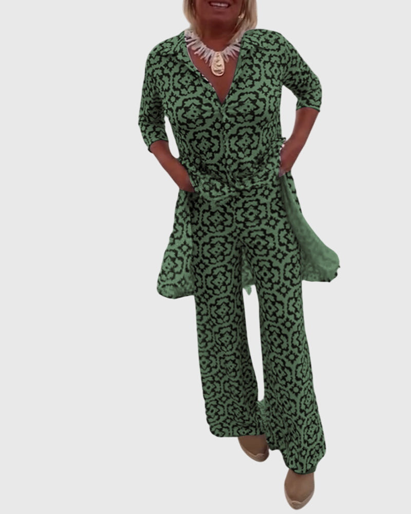 Medallion Print Collared Half Sleeve Tunic and Wide Leg Pants Two Piece Set 7