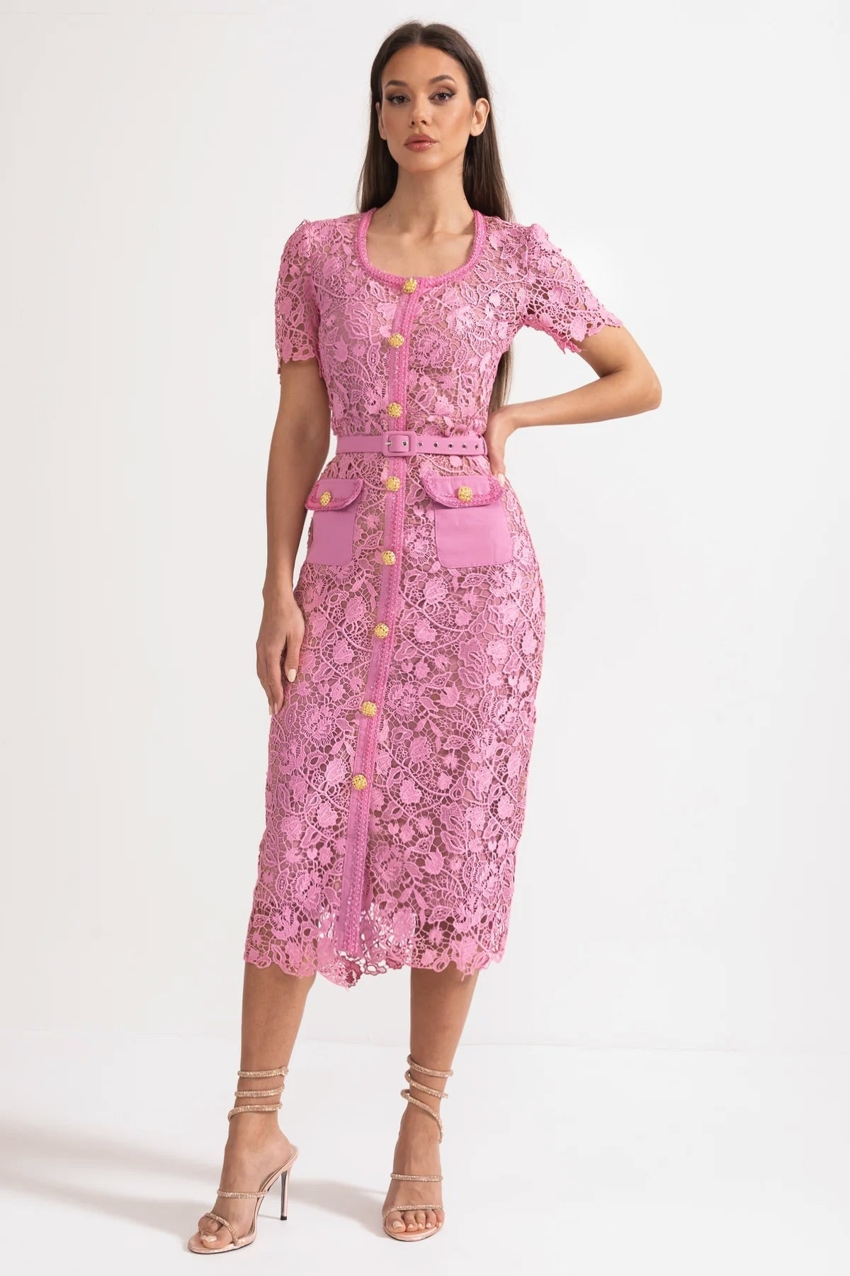 Exquisite Short Sleeve Lace Midi Dress - Rose - View 3