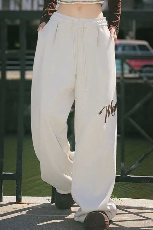 Embroidered Loose Wide Leg Cuffed Pants