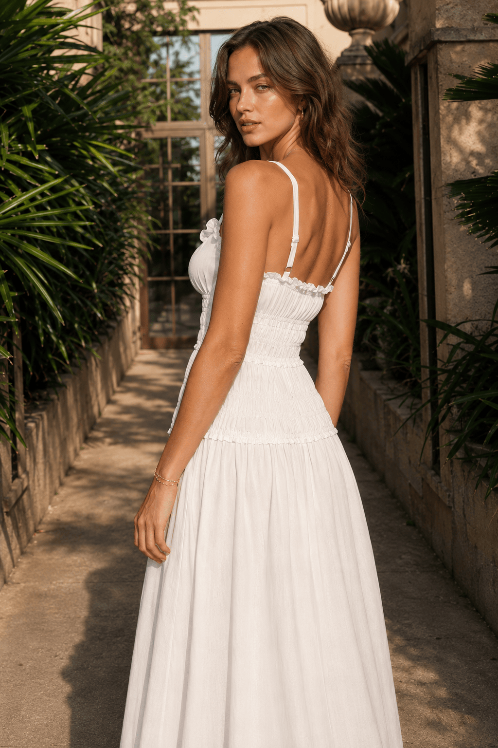Ruffle Trim Shirred Bodice Tiered Cotton Maxi Dress 3