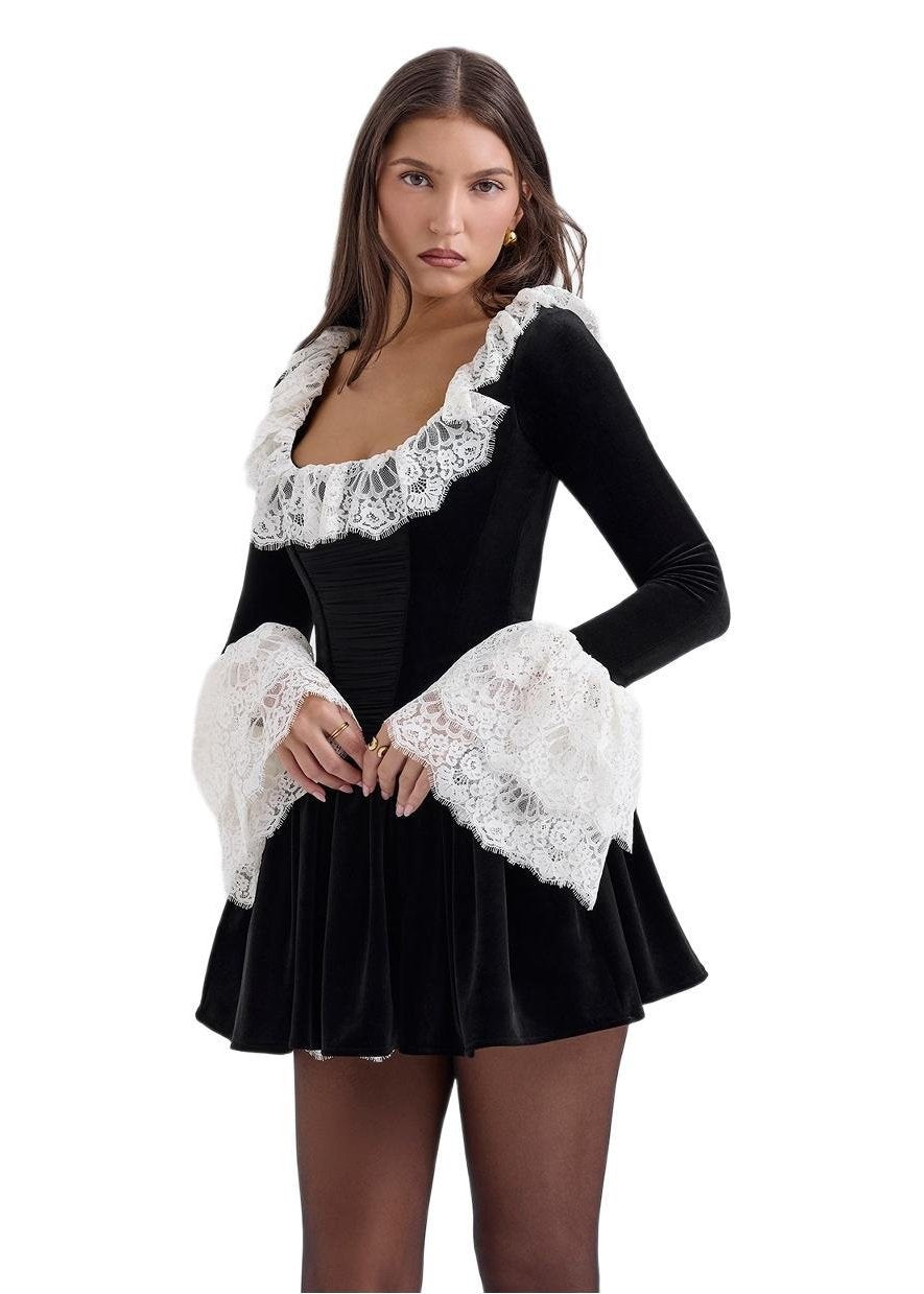 Velvet Lace Stitching Dress with Ruffled Detail - View 3