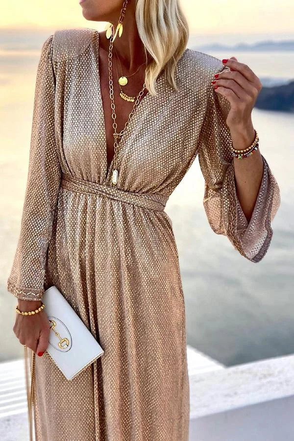 Sequin Deep V-Neck Bell Sleeve Empire Waist Maxi Party Gown - View 2