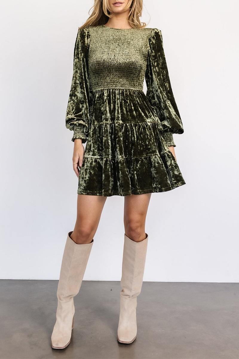 Crew Neck Long Sleeve Smocked Tiered Velvet Mini Dress 6