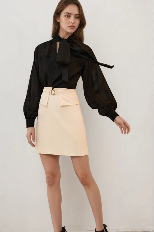 High Waist Metal Buckle Detail A-Line Skirt