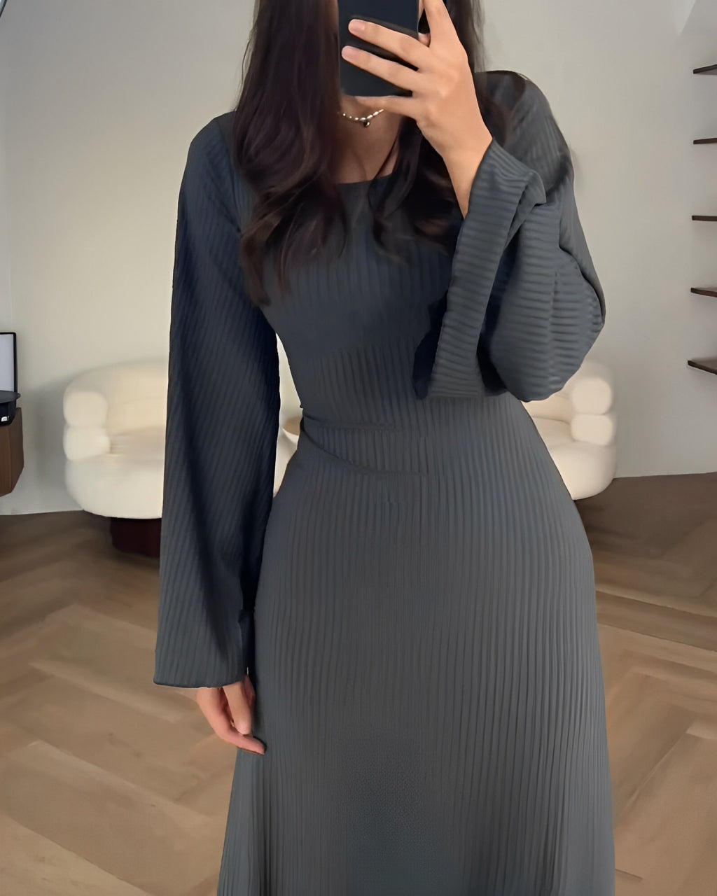 Ribbed Knit Square Neck Long Sleeve Side Split Bodycon Maxi Dress 5