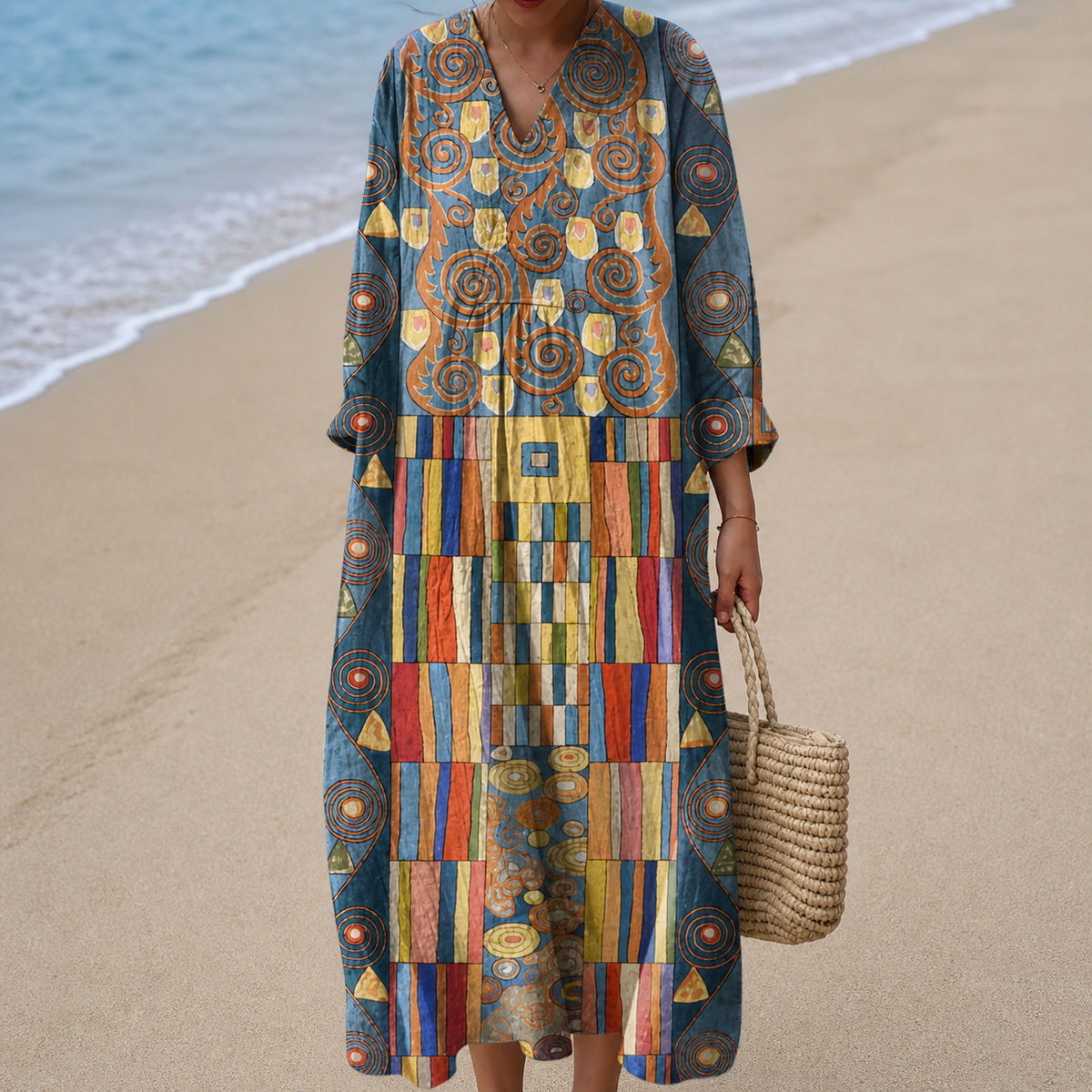 Abstract Art Print V-Neck Long Sleeve Maxi Beach Dress