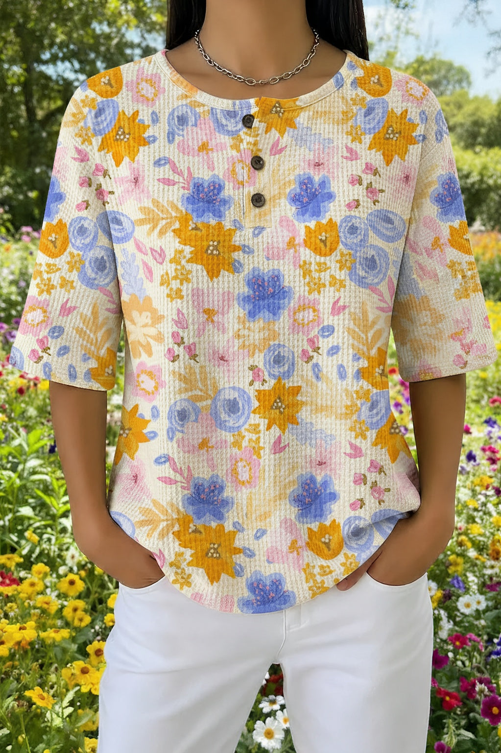Multicolor Floral Waffle Knit Short Sleeve Henley Top