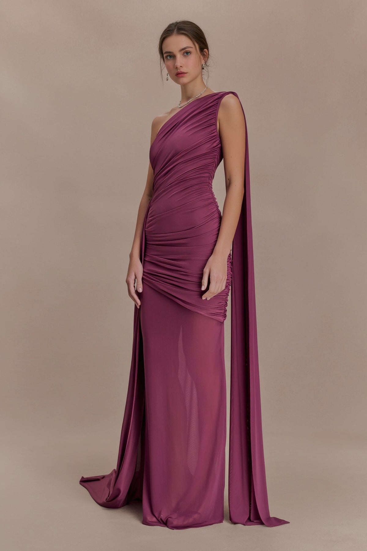 Mesh Paneled One Shoulder Cape Fitted Party Dress
