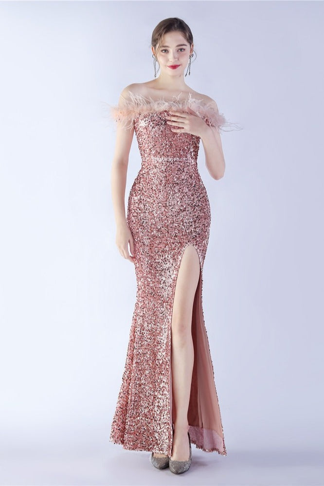 Sequin Off Shoulder Feather Trim High Split Mermaid Gown - View 10