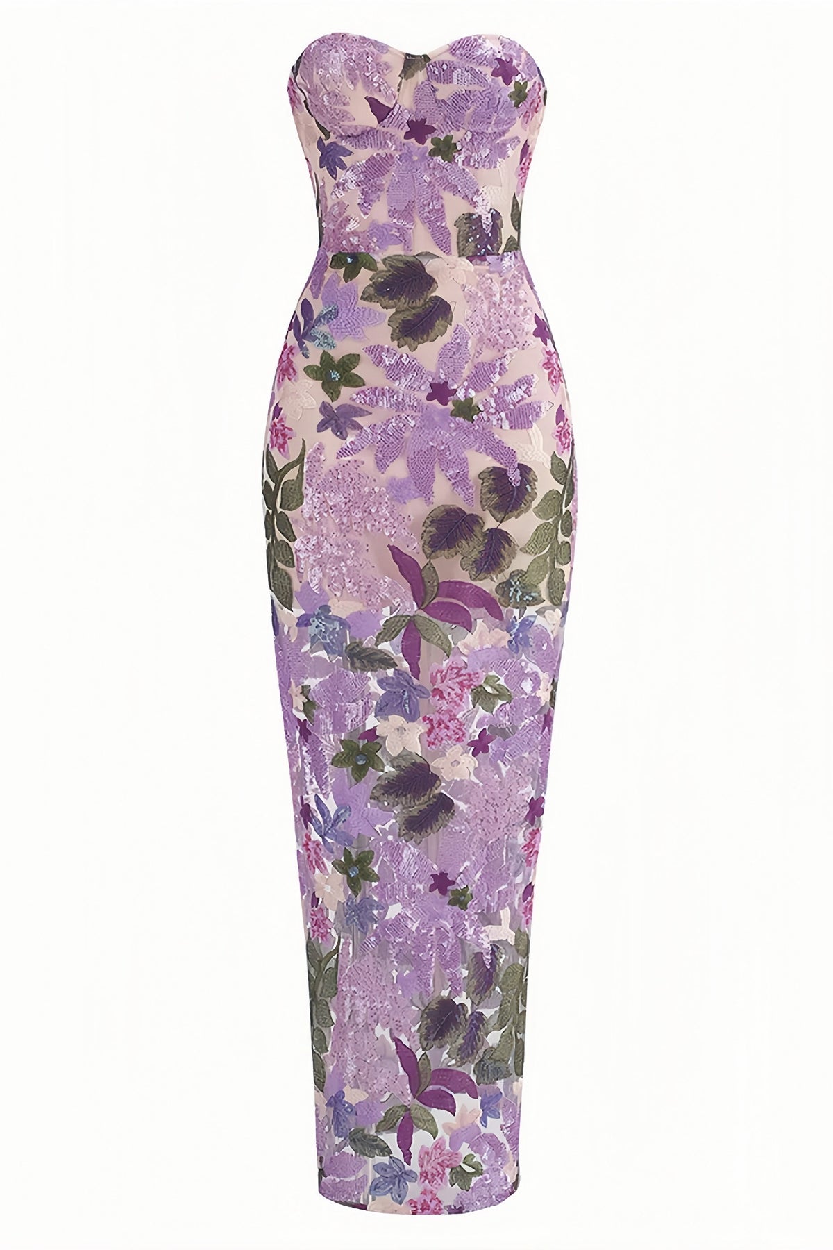Floral Sequin Strapless Sweetheart Sheer Mermaid Maxi Gown - View 5