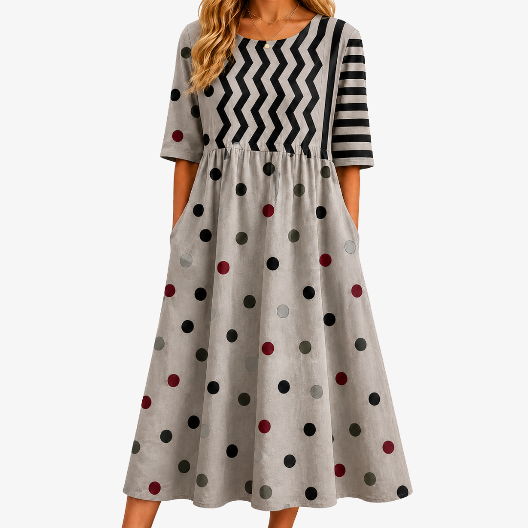 Mixed Print Round Neck Short Sleeve Fit and Flare Midi Dress