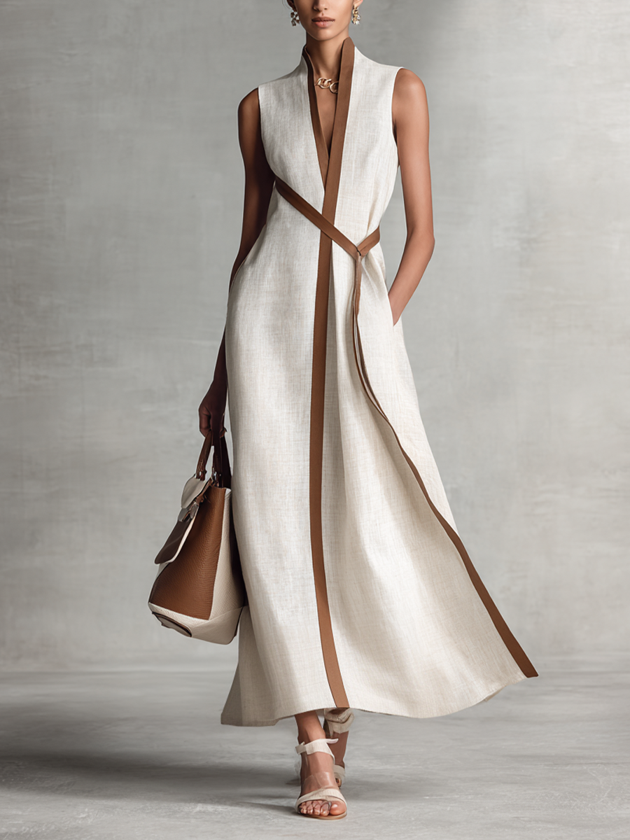 V-Neck Contrast Trim High Split Sleeveless Maxi Dress