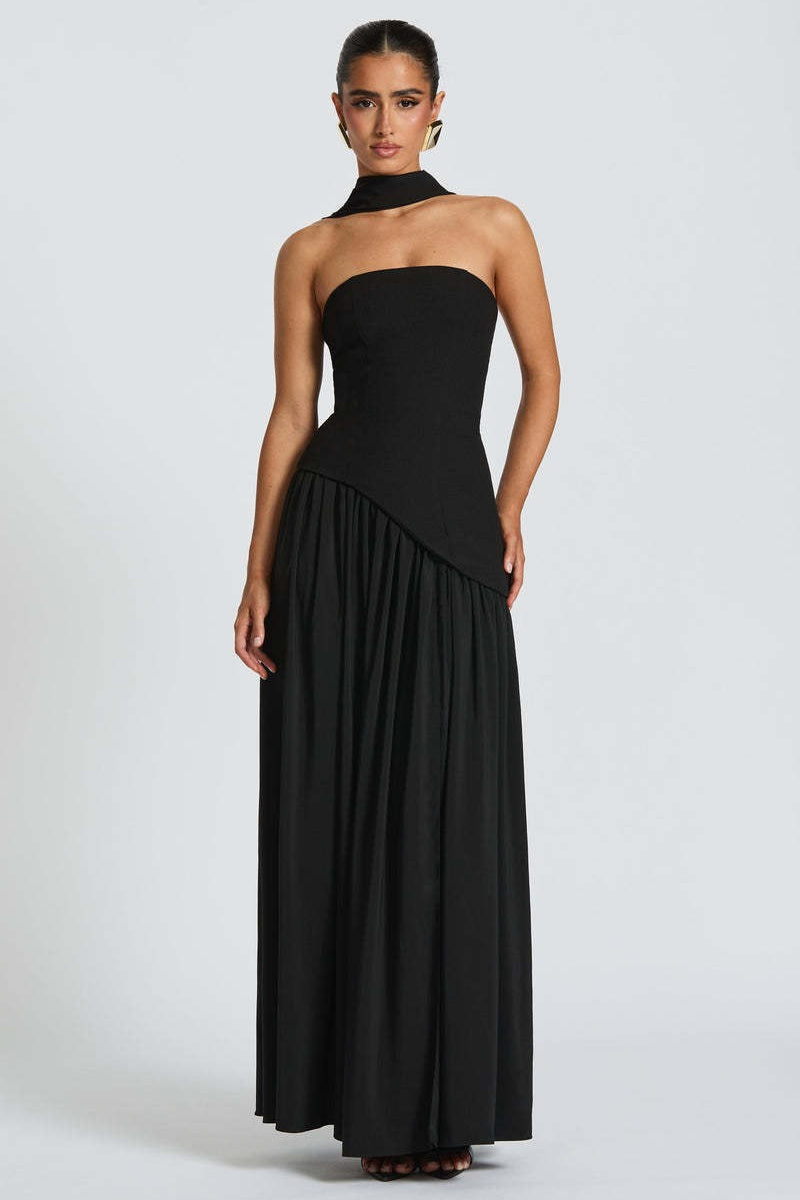 Strapless Scarf Neck High Split Draped Maxi Gown - View 22