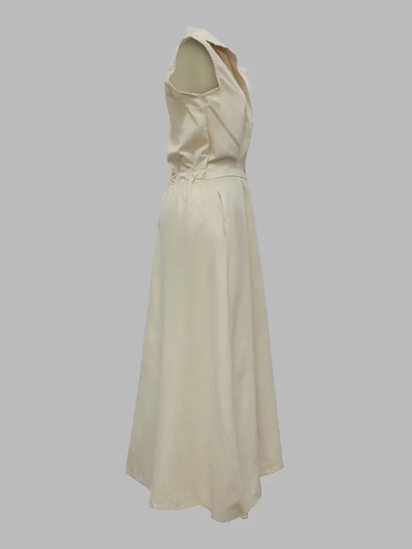 Stand Collar Deep V-Neck Sleeveless Pocket A-Line Midi Dress - View 12