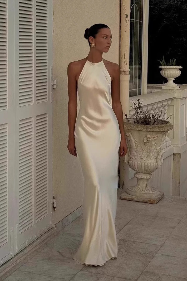 Satin Halter Neck Backless Bias Cut Slip Maxi Dress in White