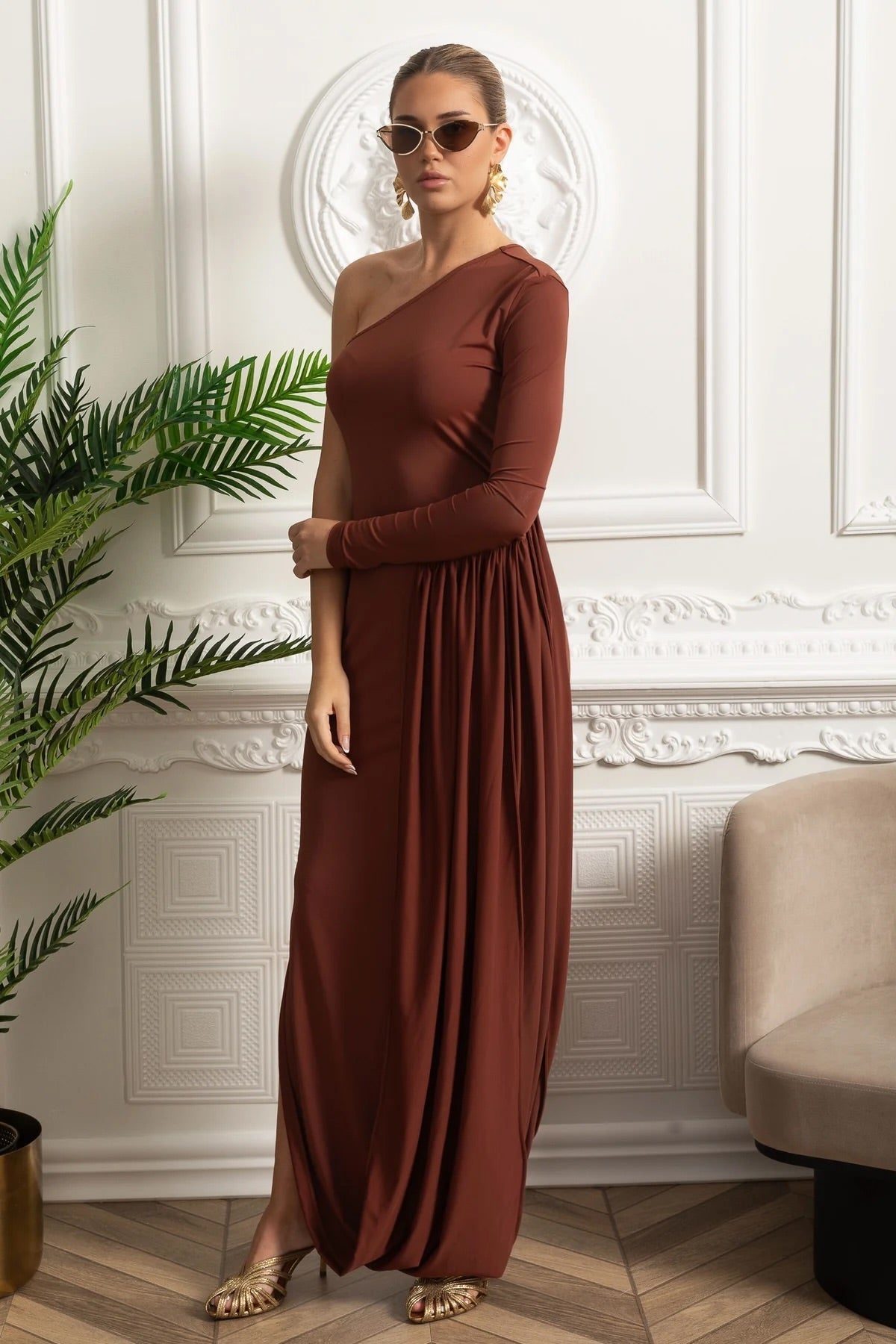 One Shoulder Long Sleeve Draped Panel High Split Bodycon Maxi Dress - View 2