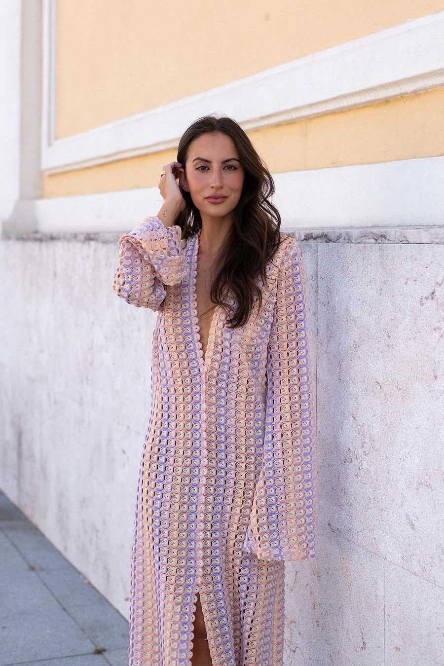 Crochet Deep V-Neck Long Sleeve Striped Boho Maxi Dress 26