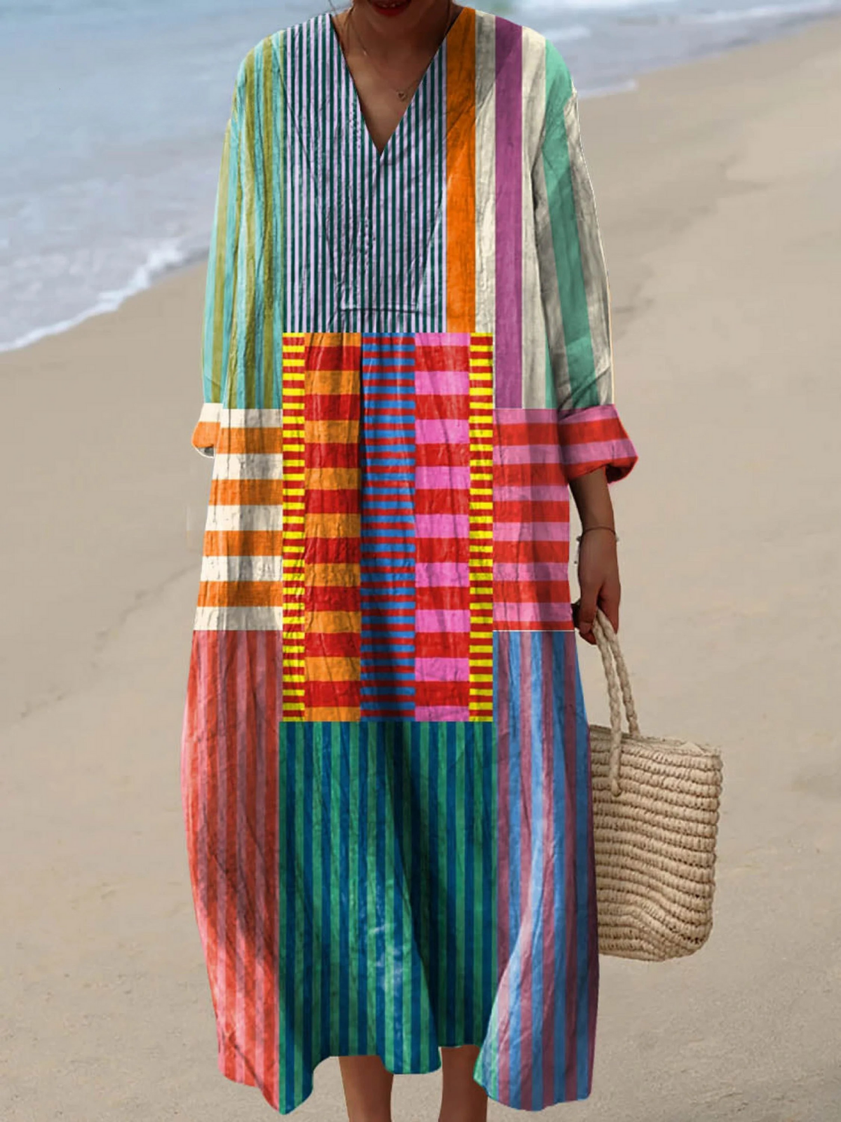 Striped Colorblock V-Neck Long Sleeve Maxi Dress