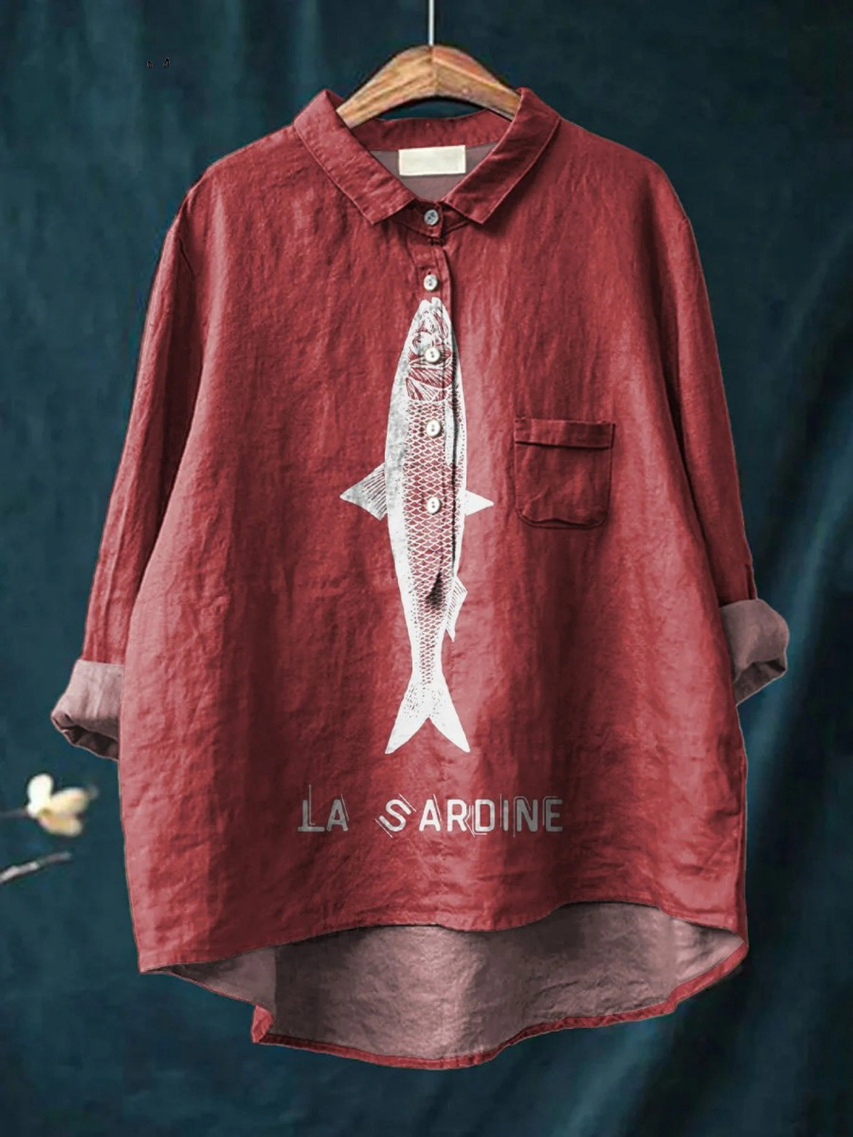 Sardine Fish Print Collared Long Sleeve Shirt 3